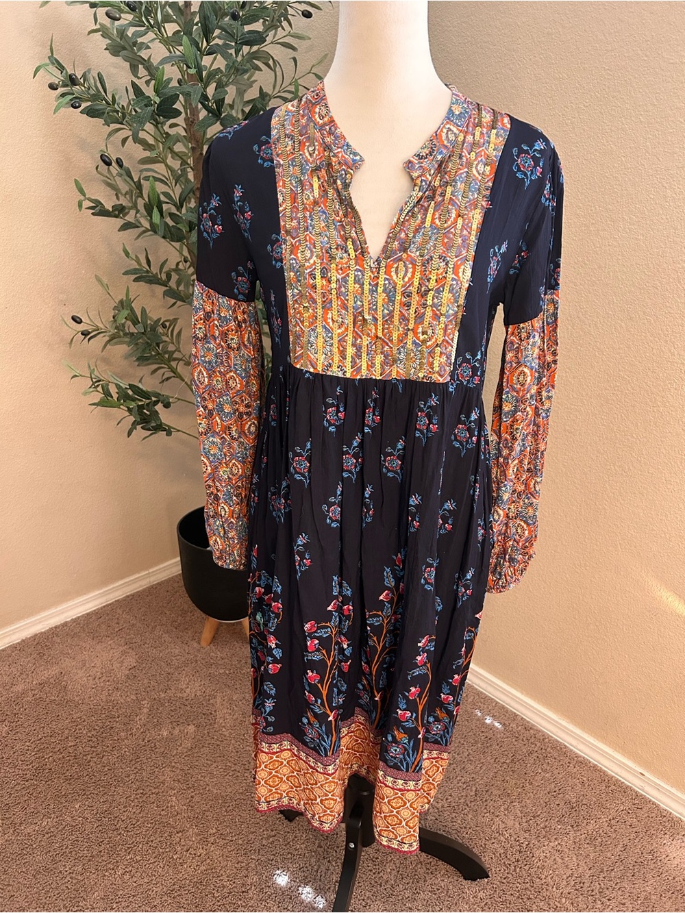 Soft Surroundings Navy Boho Patchwork Long-Sleeve Dress - Picture 2 of 10